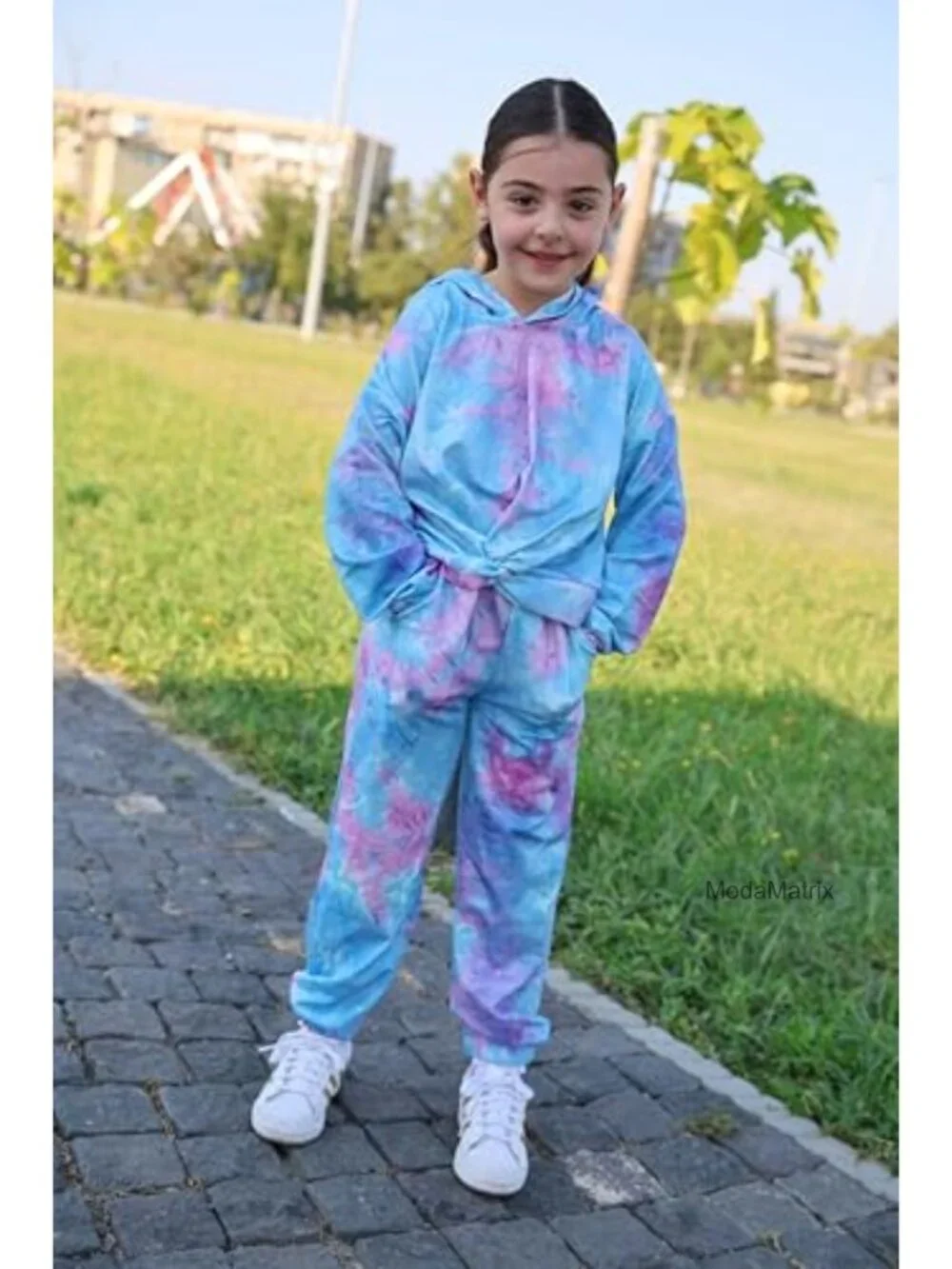 Girls 2 Piece Hooded Sweatsuit Set Tie-dye Twist Front Pullover Athletic